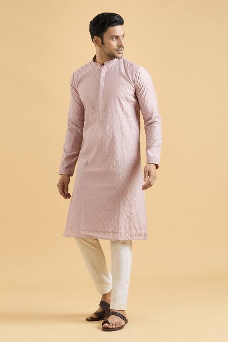 Shop Arihant Rai Sinha Pink Viscose, Polyester Embroidery Geometric Thread Straight Kurta And Pant Set Online at Aza Fashions Shop_Arihant Rai Sinha_Pink Viscose, Polyester Embroidery Geometric Thread Straight Kurta And Pant Set _Online_at_Aza_Fashions