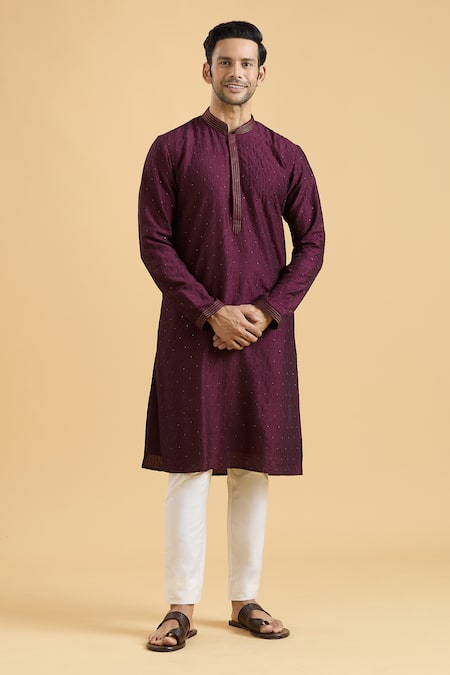 Aryavir Malhotra Wine Kurta Slub Silk Embroidered Sequin Highlighted Straight And Pant Set 