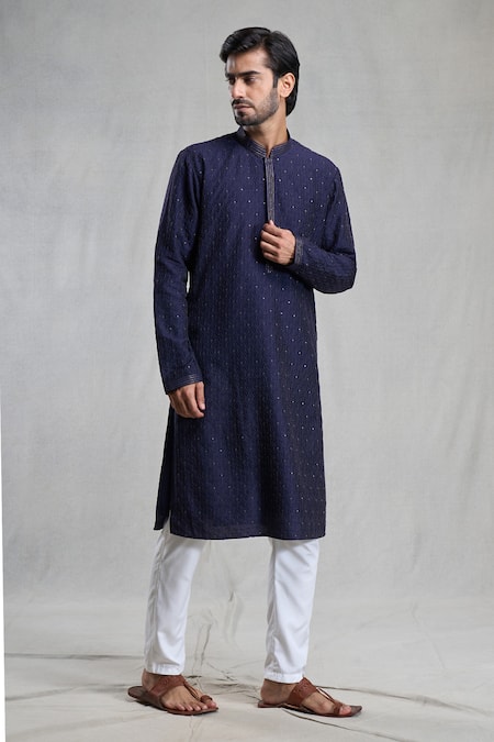 Aryavir Malhotra Blue Kurta Slub Silk Embroidered Geometric Sequin Highlighted And Pant Set 