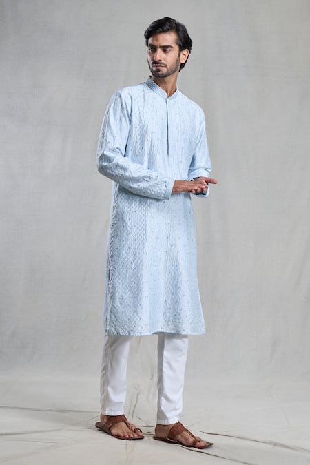 Aryavir Malhotra Blue Kurta Slub Silk Embroidered Geometric Thread With Pant 