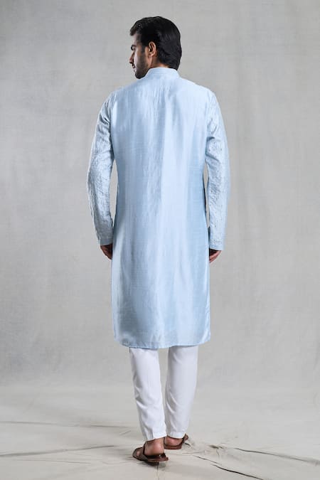 Shop Arihant Rai Sinha Blue Silk, Polyester, Viscose Embroidery Thread Kurta With Pant at Aza Fashions Shop_Arihant Rai Sinha_Blue Silk, Polyester, Viscose Embroidery Thread Kurta With Pant _at_Aza_Fashions