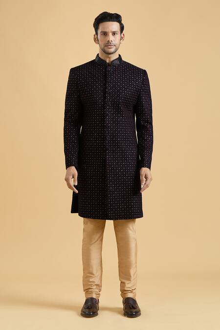 Arihant Rai Sinha_Wine Velvet, Polyester Sequins, Embroidery Thread Sherwani And Pant Set_Online_at_Aza_Fashions