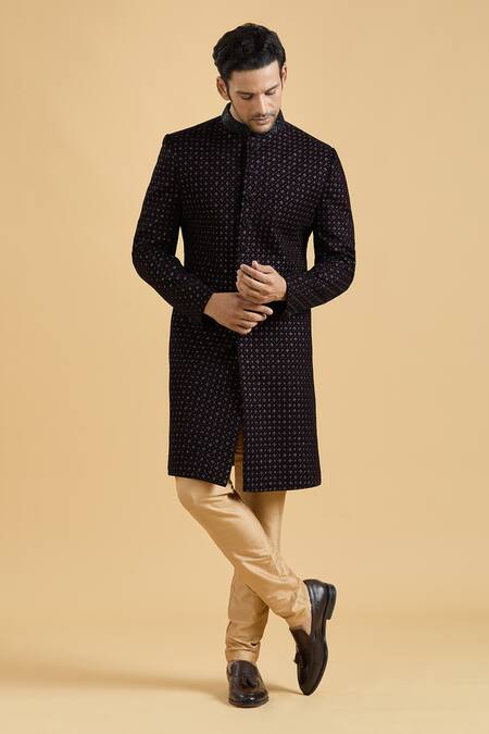 Buy_Arihant Rai Sinha_Wine Velvet, Polyester Sequins, Embroidery Thread Sherwani And Pant Set_Online_at_Aza_Fashions