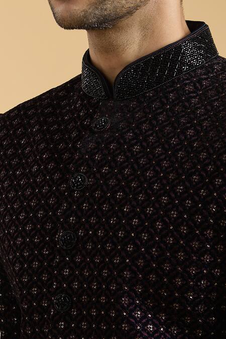 Shop_Arihant Rai Sinha_Wine Velvet, Polyester Sequins, Embroidery Thread Sherwani And Pant Set_Online_at_Aza_Fashions