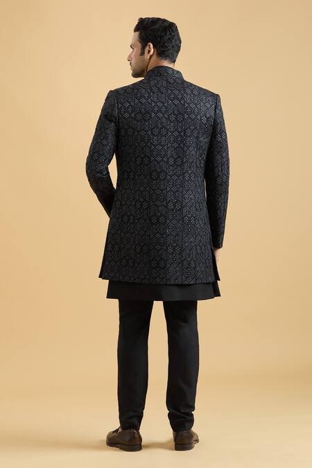 Shop Arihant Rai Sinha Black Silk Embroidery Floral Thread Sherwani With Kurta Set at Aza Fashions Shop_Arihant Rai Sinha_Black Silk Embroidery Floral Thread Sherwani With Kurta Set_at_Aza_Fashions