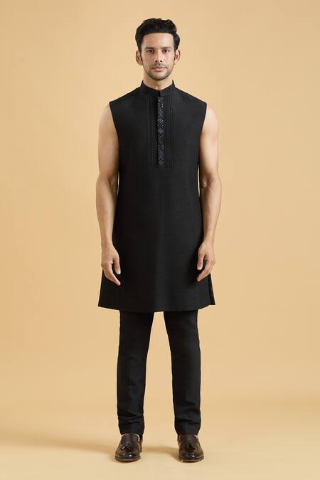 Arihant Rai Sinha Black Silk Embroidery Floral Thread Sherwani With Kurta Set Online at Aza Fashions Arihant Rai Sinha_Black Silk Embroidery Floral Thread Sherwani With Kurta Set_Online_at_Aza_Fashions