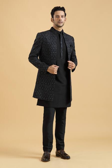 Shop Arihant Rai Sinha Black Silk Embroidery Floral Thread Sherwani With Kurta Set Online at Aza Fashions Shop_Arihant Rai Sinha_Black Silk Embroidery Floral Thread Sherwani With Kurta Set_Online_at_Aza_Fashions