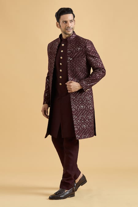 Aryavir Malhotra Wine Sherwani And Kurta Slub Silk Embroidered Thread Sequin With Set 