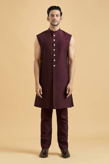 Arihant Rai Sinha_Wine Silk Embroidery, Sequins Sherwani With Kurta Set_Online_at_Aza_Fashions