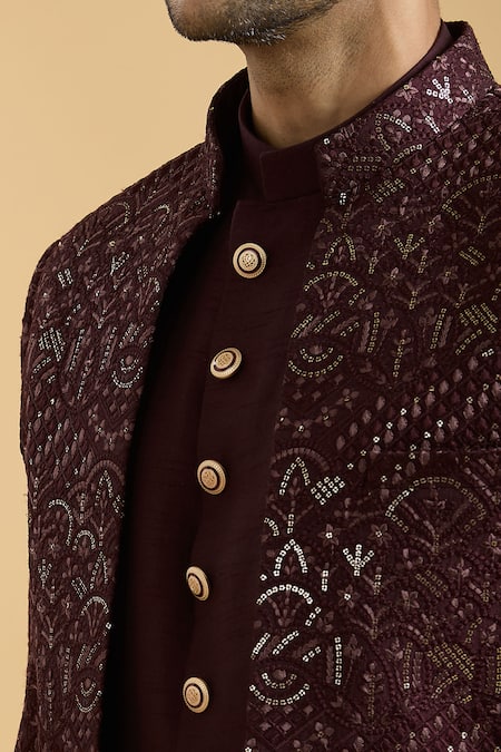 Buy_Arihant Rai Sinha_Wine Silk Embroidery, Sequins Sherwani With Kurta Set_Online_at_Aza_Fashions