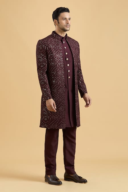 Shop_Arihant Rai Sinha_Wine Silk Embroidery, Sequins Sherwani With Kurta Set_Online_at_Aza_Fashions