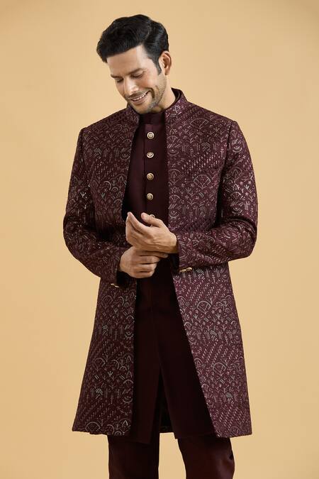 Arihant Rai Sinha_Wine Silk Embroidery, Sequins Sherwani With Kurta Set_at_Aza_Fashions