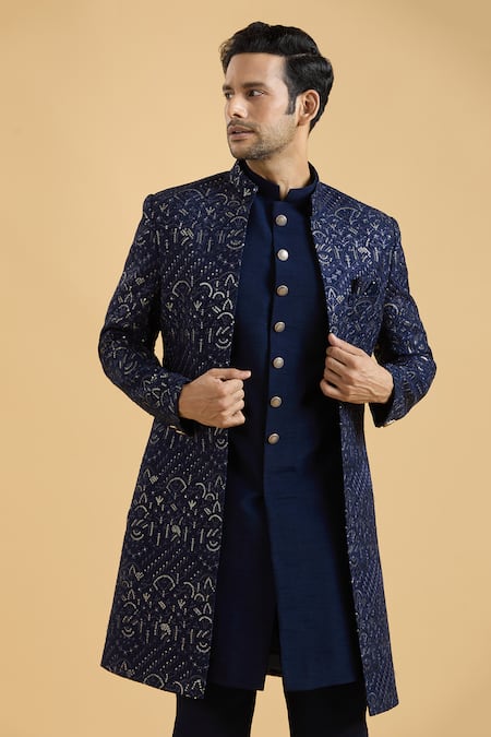 Buy Arihant Rai Sinha Blue Silk Sequins, Embroidery Sherwani And Kurta Set Online at Aza Fashions Buy_Arihant Rai Sinha_Blue Silk Sequins, Embroidery Sherwani And Kurta Set_Online_at_Aza_Fashions