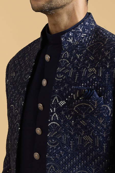 Shop Arihant Rai Sinha Blue Silk Sequins, Embroidery Sherwani And Kurta Set Online at Aza Fashions Shop_Arihant Rai Sinha_Blue Silk Sequins, Embroidery Sherwani And Kurta Set_Online_at_Aza_Fashions