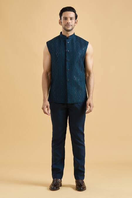 Arihant Rai Sinha_Blue Silk Sequins, Embroidery Sherwani With Bundi Set_Online_at_Aza_Fashions