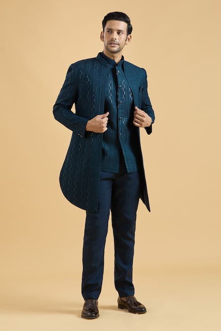 Buy_Arihant Rai Sinha_Blue Silk Sequins, Embroidery Sherwani With Bundi Set_Online_at_Aza_Fashions