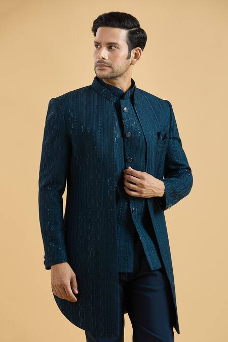 Shop_Arihant Rai Sinha_Blue Silk Sequins, Embroidery Sherwani With Bundi Set_Online_at_Aza_Fashions