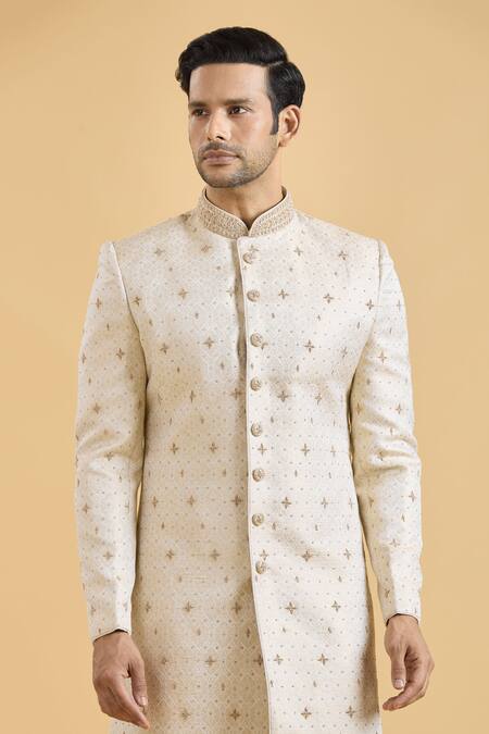 Arihant Rai Sinha_Cream Brocade, Polyester Embroidery Star Pattern Sherwani With Churidar_Online_at_Aza_Fashions