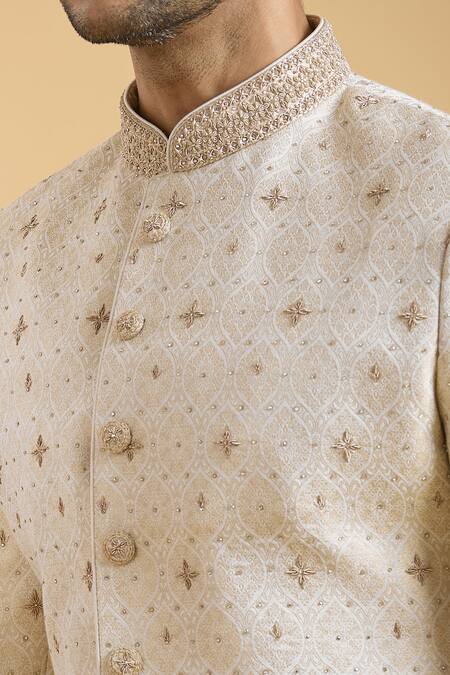 Buy_Arihant Rai Sinha_Cream Brocade, Polyester Embroidery Star Pattern Sherwani With Churidar_Online_at_Aza_Fashions