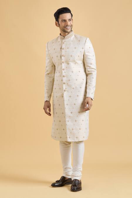 Arihant Rai Sinha_Cream Brocade, Polyester Embroidery Star Pattern Sherwani With Churidar_at_Aza_Fashions