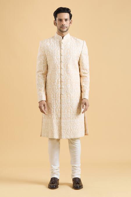 Arihant Rai Sinha_Beige Silk Embroidery Thread Sherwani And Churidar Set_Online_at_Aza_Fashions