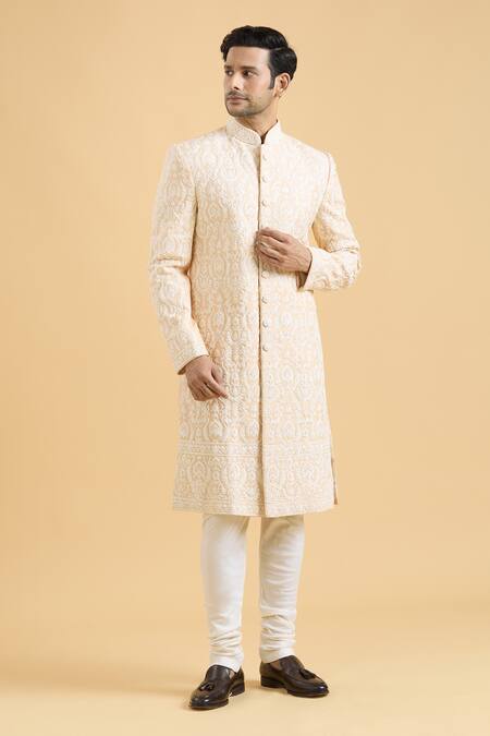 Buy_Arihant Rai Sinha_Beige Silk Embroidery Thread Sherwani And Churidar Set_Online_at_Aza_Fashions