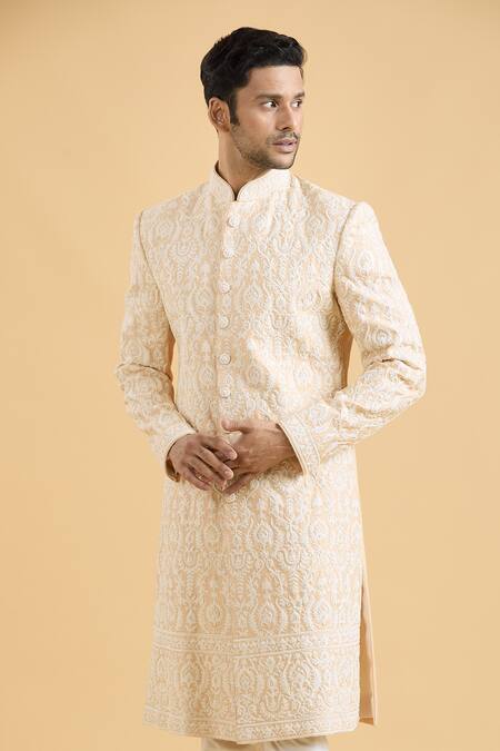 Shop_Arihant Rai Sinha_Beige Silk Embroidery Thread Sherwani And Churidar Set_Online_at_Aza_Fashions