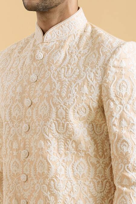 Arihant Rai Sinha_Beige Silk Embroidery Thread Sherwani And Churidar Set_at_Aza_Fashions