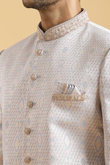 Buy_Arihant Rai Sinha_Grey Brocade, Polyester Embroidery Collar Sherwani With Pant_Online_at_Aza_Fashions