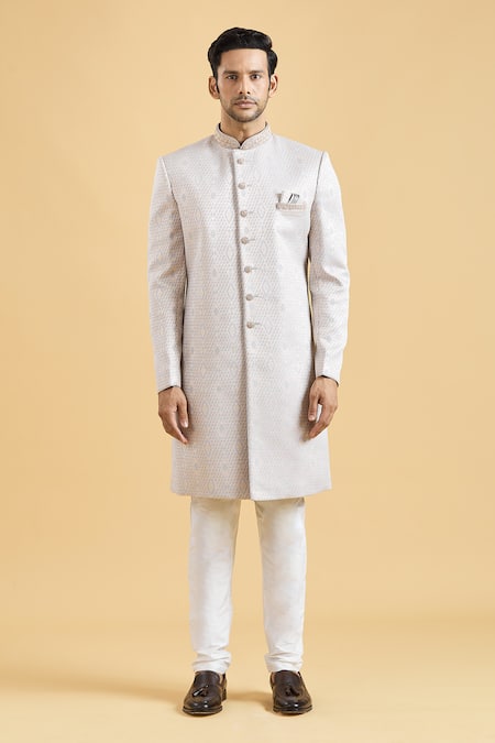 Shop_Arihant Rai Sinha_Grey Brocade, Polyester Embroidery Collar Sherwani With Pant_Online_at_Aza_Fashions