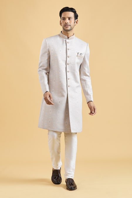 Arihant Rai Sinha_Grey Brocade, Polyester Embroidery Collar Sherwani With Pant_at_Aza_Fashions