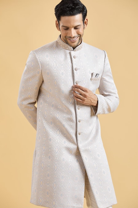 Buy_Arihant Rai Sinha_Grey Brocade, Polyester Embroidery Collar Sherwani With Pant