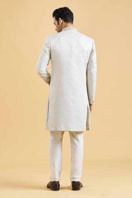 Shop Arihant Rai Sinha Blue Brocade, Polyester Embroidery Collar Sherwani And Pant Set at Aza Fashions Shop_Arihant Rai Sinha_Blue Brocade, Polyester Embroidery Collar Sherwani And Pant Set_at_Aza_Fashions