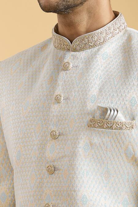 Buy Arihant Rai Sinha Blue Brocade, Polyester Embroidery Collar Sherwani And Pant Set Online at Aza Fashions Buy_Arihant Rai Sinha_Blue Brocade, Polyester Embroidery Collar Sherwani And Pant Set_Online_at_Aza_Fashions