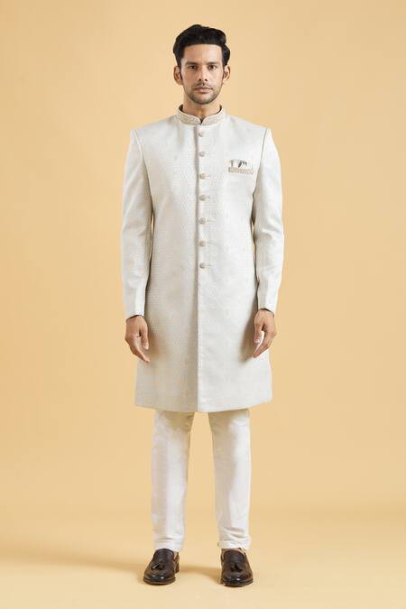 Shop Arihant Rai Sinha Blue Brocade, Polyester Embroidery Collar Sherwani And Pant Set Online at Aza Fashions Shop_Arihant Rai Sinha_Blue Brocade, Polyester Embroidery Collar Sherwani And Pant Set_Online_at_Aza_Fashions