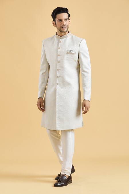 Arihant Rai Sinha Blue Brocade, Polyester Embroidery Collar Sherwani And Pant Set at Aza Fashions Arihant Rai Sinha_Blue Brocade, Polyester Embroidery Collar Sherwani And Pant Set_at_Aza_Fashions
