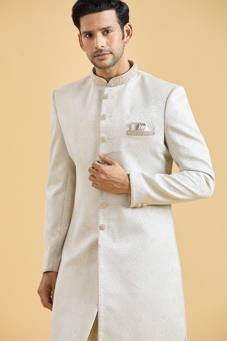 Buy Arihant Rai Sinha Blue Brocade, Polyester Embroidery Collar Sherwani And Pant Set Buy_Arihant Rai Sinha_Blue Brocade, Polyester Embroidery Collar Sherwani And Pant Set