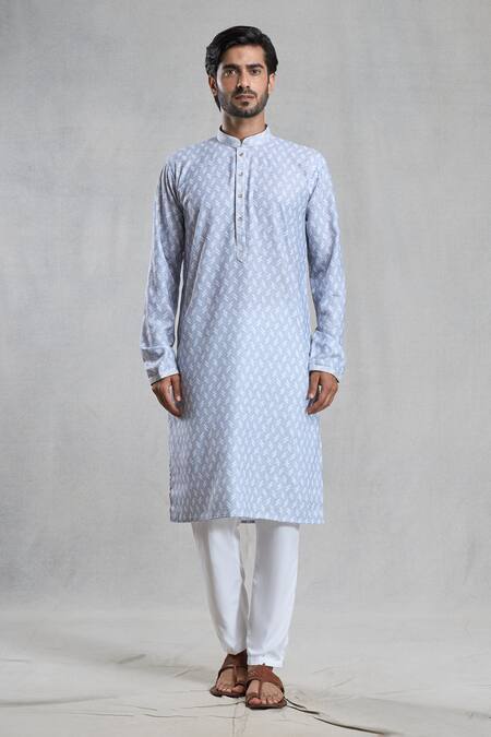 Arihant Rai Sinha Grey Cotton, Linen Embroidery Chevron Print Kurta With Pant Online at Aza Fashions Arihant Rai Sinha_Grey Cotton, Linen Embroidery Chevron Print Kurta With Pant_Online_at_Aza_Fashions