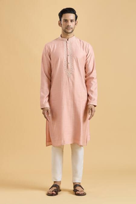 Arihant Rai Sinha Peach Viscose Mirrors Placket Kurta Online at Aza Fashions Arihant Rai Sinha_Peach Viscose Mirrors Placket Kurta_Online_at_Aza_Fashions