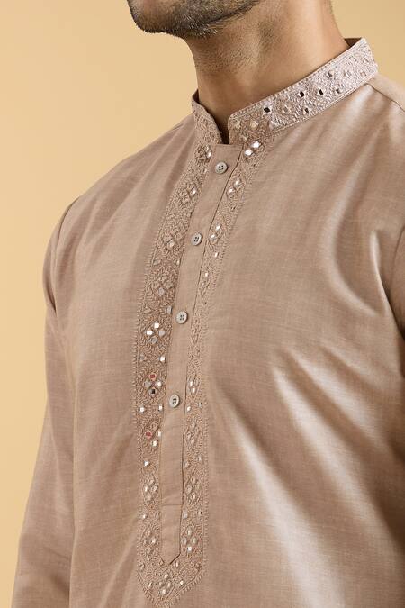 Arihant Rai Sinha Brown Linen, Silk, Polyester, Viscose Mirrors Geometric Placket Kurta With Pant Online at Aza Fashions Arihant Rai Sinha_Brown Linen, Silk, Polyester, Viscose Mirrors Geometric Placket Kurta With Pant_Online_at_Aza_Fashions