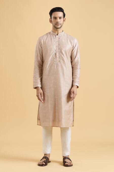 Buy Arihant Rai Sinha Brown Linen, Silk, Polyester, Viscose Mirrors Geometric Placket Kurta With Pant Online at Aza Fashions Buy_Arihant Rai Sinha_Brown Linen, Silk, Polyester, Viscose Mirrors Geometric Placket Kurta With Pant_Online_at_Aza_Fashions