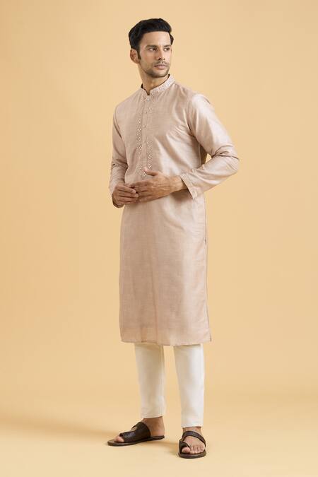 Shop Arihant Rai Sinha Brown Linen, Silk, Polyester, Viscose Mirrors Geometric Placket Kurta With Pant Online at Aza Fashions Shop_Arihant Rai Sinha_Brown Linen, Silk, Polyester, Viscose Mirrors Geometric Placket Kurta With Pant_Online_at_Aza_Fashions