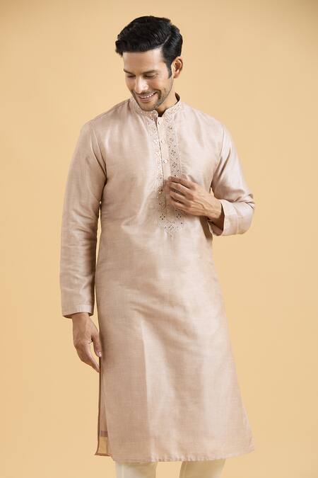 Arihant Rai Sinha Brown Linen, Silk, Polyester, Viscose Mirrors Geometric Placket Kurta With Pant at Aza Fashions Arihant Rai Sinha_Brown Linen, Silk, Polyester, Viscose Mirrors Geometric Placket Kurta With Pant_at_Aza_Fashions
