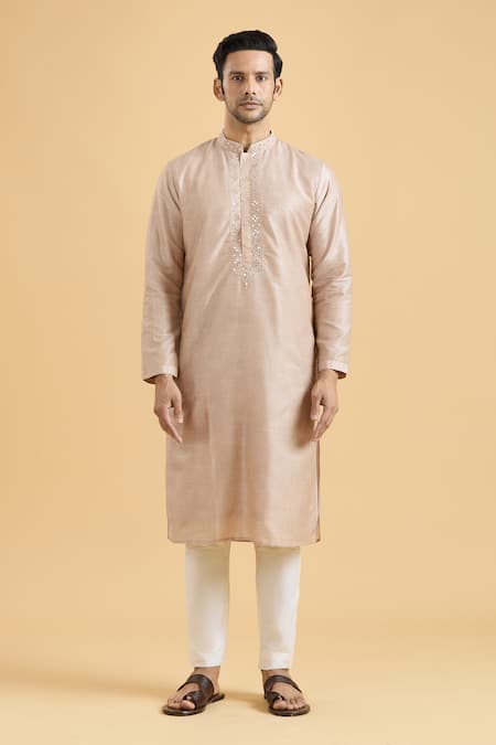 Shop_Arihant Rai Sinha_Brown Linen, Silk Mirrors Geometric Placket Kurta _at_Aza_Fashions