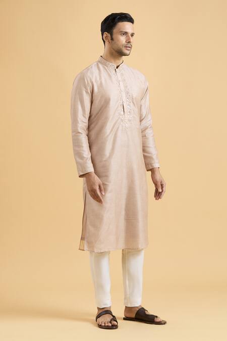 Arihant Rai Sinha_Brown Linen, Silk Mirrors Geometric Placket Kurta _Online_at_Aza_Fashions