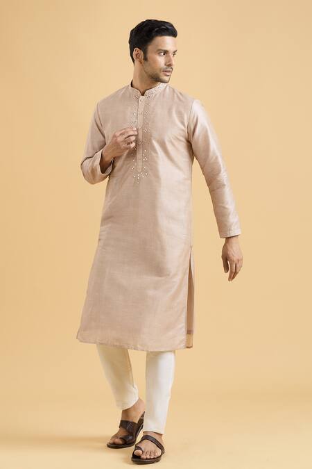 Buy_Arihant Rai Sinha_Brown Linen, Silk Mirrors Geometric Placket Kurta _Online_at_Aza_Fashions
