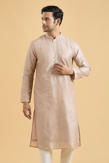 Shop_Arihant Rai Sinha_Brown Linen, Silk Mirrors Geometric Placket Kurta _Online_at_Aza_Fashions
