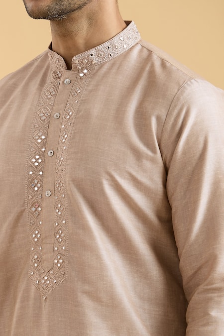 Arihant Rai Sinha_Brown Linen, Silk Mirrors Geometric Placket Kurta _at_Aza_Fashions
