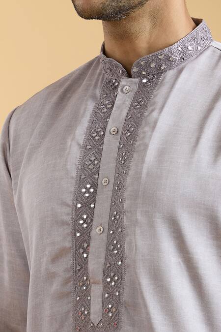 Buy_Arihant Rai Sinha_Brown Linen, Silk Mirrors Geometric Placket Kurta 