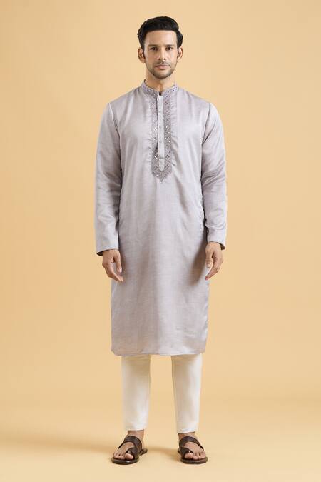 Arihant Rai Sinha_Purple Linen, Silk, Polyester, Mirrorwork Geometric Placket Kurta With Pant_Online_at_Aza_Fashions
